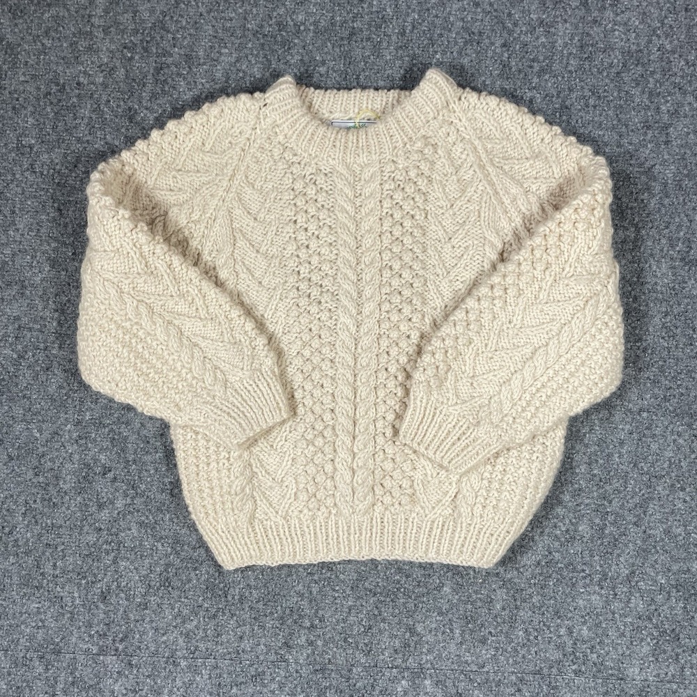 NEW Vintage Erin Aran Cable Knit Wool Sweater Youth M/L Cream Irish Fishermans